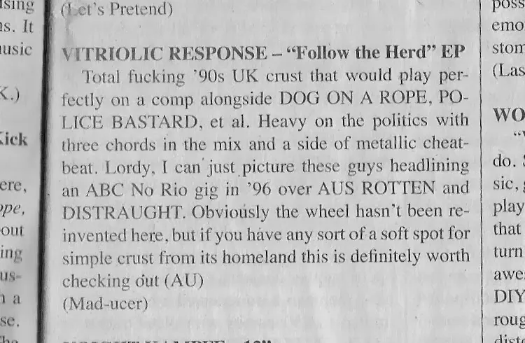 Vitriolic Response - “Follow The Herd” EP - MRR Review:
